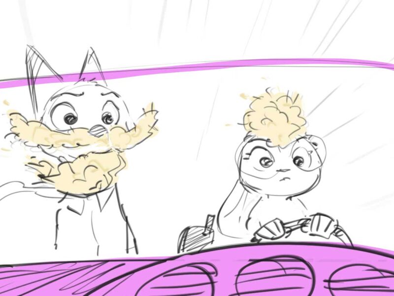 Deux animaux de dessins animés sont assis dans une voiture rose ; inspirés par Zootopie 2 de Disney Animation, le passager a du pop-corn sur le visage, tandis que le conducteur, qui regarde vers l'avant, a du pop-corn sur la tête.