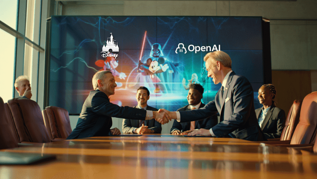 Deux groupes d'hommes d'affaires sont assis à une table de conférence, tandis que les deux hommes à l'avant se serrent la main. Derrière eux, des logos Disney OpenAI sont affichés sur un grand écran, laissant présager de nouvelles collaborations Sora ChatGPT avec les personnages de Marvel, Star Wars et Pixar.