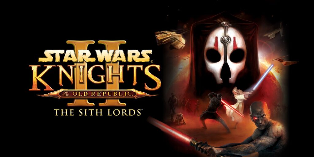 Star Wars : Knights of the Old Republic II - La couverture des Seigneurs Sith met en scène des Sith masqués, des Jedi armés de sabres laser et des vaisseaux spatiaux dans un décor sombre et dramatique. Elle est parfaite pour les fans qui attendent un remake de Star Wars Kotor 2 ou qui sont curieux de découvrir les contenus coupés de Kotor 1.