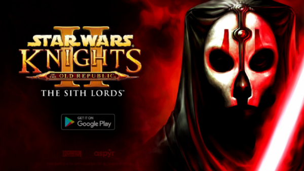 Image promotionnelle pour "Star Wars : Knights of the Old Republic II - The Sith Lords" représentant un personnage masqué et encapuchonné ainsi qu'un badge de téléchargement Google Play, mettant en avant les éléments du remake de Kotor 2 pour les fans.