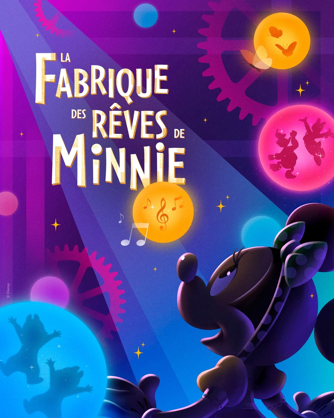 Affiche pour "La Fabrique des Rêves de Minnie" à Disneyland Paris, 2026, représentant Minnie Mouse avec des bulles colorées, des silhouettes, des engrenages et des notes de musique sur un fond violet vibrant.