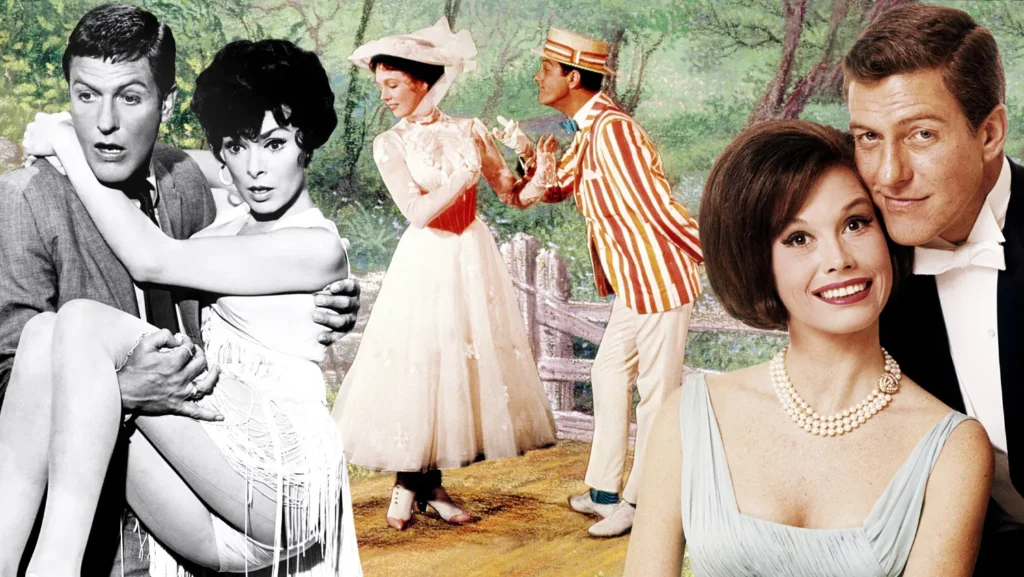 Un collage de scènes de films et d'émissions télévisées classiques, avec des acteurs en costumes d'époque - comme Mary Poppins et Dick Van Dyke - posant ensemble devant une toile de fond peinte en plein air, célébrant 100 ans de magie cinématographique.