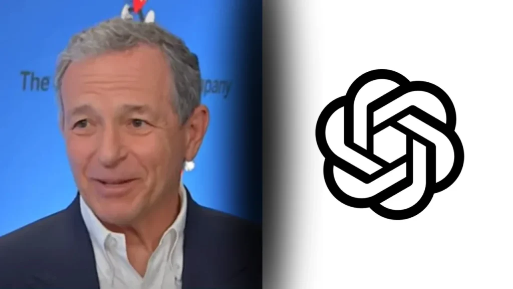 Un homme en costume et chemise blanche se tient devant une toile de fond bleue. À côté de lui se trouve un logo géométrique noir et blanc sur fond blanc, ressemblant à quelque chose de Marvel ou à l'image de marque de l'OpenAI.