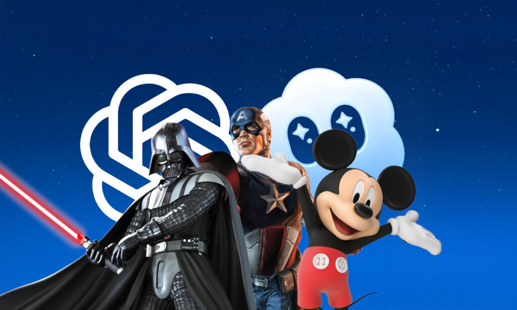 Dark Vador, Captain America et Mickey Mouse se tiennent devant le logo OpenAI et l'icône Disney+, créant une scène magique qui célèbre Marvel et Disney sur un fond bleu étoilé.