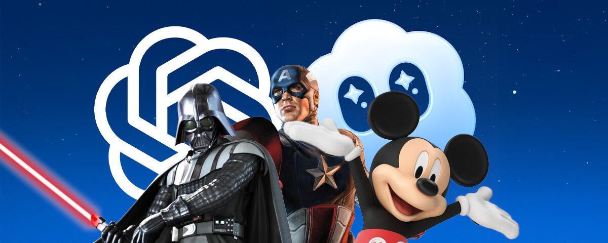 Dark Vador, Captain America et Mickey Mouse se tiennent devant le logo OpenAI et l'icône Disney+, créant une scène magique qui célèbre Marvel et Disney sur un fond bleu étoilé.