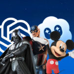 Dark Vador, Captain America et Mickey Mouse se tiennent devant le logo OpenAI et l'icône Disney+, créant une scène magique qui célèbre Marvel et Disney sur un fond bleu étoilé.