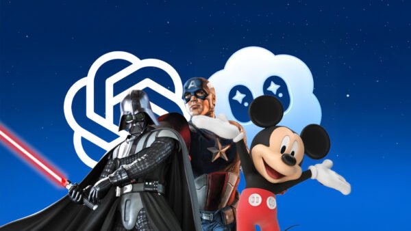Dark Vador, Captain America et Mickey Mouse se tiennent devant le logo OpenAI et l'icône Disney+, créant une scène magique qui célèbre Marvel et Disney sur un fond bleu étoilé.