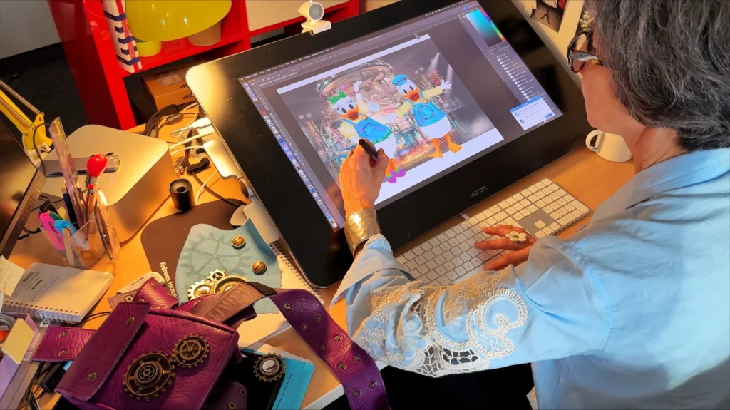 Une personne utilise un stylo numérique et une tablette pour illustrer des personnages de dessins animés sur un écran d'ordinateur, avec des accessoires steampunk et des tissus sur le bureau à proximité, inspirés de La Fabrique Des Rêves à Disneyland Paris.