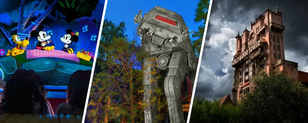 Trois scènes dans un parc d'attractions : un manège Mickey Mouse animé, un marcheur AT-AT de Star Wars et l'extérieur de l'attraction Tower of Terror sous un ciel sombre, tous prêts pour l'entrée anticipée avec Disneyland Lightning Lane en janvier 2026.
