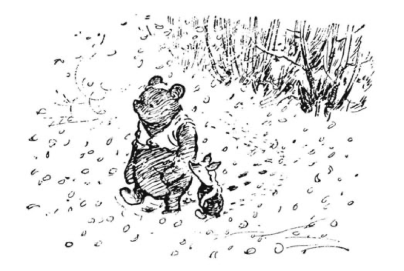 Une esquisse en noir et blanc de Winnie l'Ourson et d'un petit animal marchant ensemble en plein air, entourés de feuilles et d'arbres épars à l'arrière-plan, évoque le charme de sa sortie le 4 février 1966.