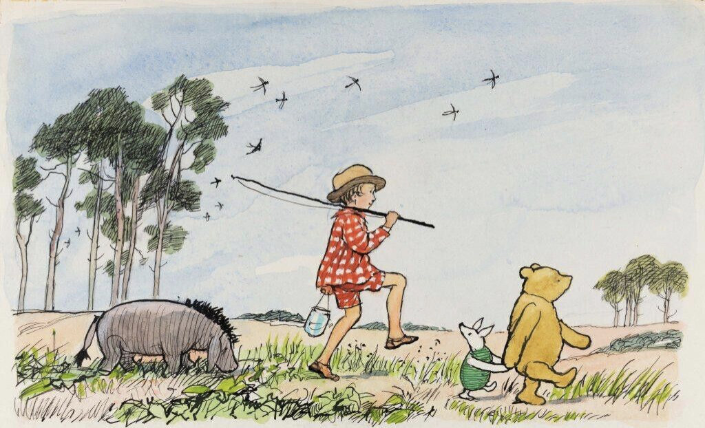 Un enfant en manteau rouge, Winnie l'Ourson, un kangourou et un âne se promènent dans un champ herbeux sous un ciel bleu avec des oiseaux volant au-dessus de leur tête - une sortie magique qui rappelle le film classique sorti le 4 février 1966.