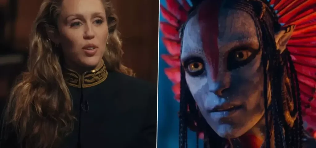 Une image partagée montre à gauche une femme aux cheveux ondulés et à la veste sombre, et à droite un personnage humanoïde à la peau bleue et aux rayures rouges, inspiré d'Avatar De Feu Et De Cendres, avec de grands yeux et des plumes sur la tête. Dream As One.