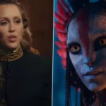 Une image partagée montre à gauche une femme aux cheveux ondulés et à la veste sombre, et à droite un personnage humanoïde à la peau bleue et aux rayures rouges, inspiré d'Avatar De Feu Et De Cendres, avec de grands yeux et des plumes sur la tête. Dream As One.