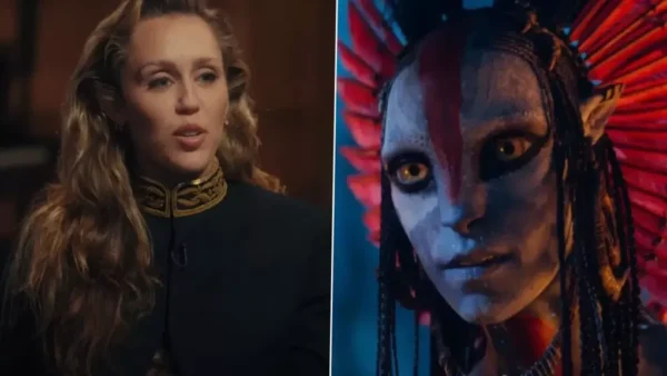Une image partagée montre à gauche une femme aux cheveux ondulés et à la veste sombre, et à droite un personnage humanoïde à la peau bleue et aux rayures rouges, inspiré d'Avatar De Feu Et De Cendres, avec de grands yeux et des plumes sur la tête. Dream As One.
