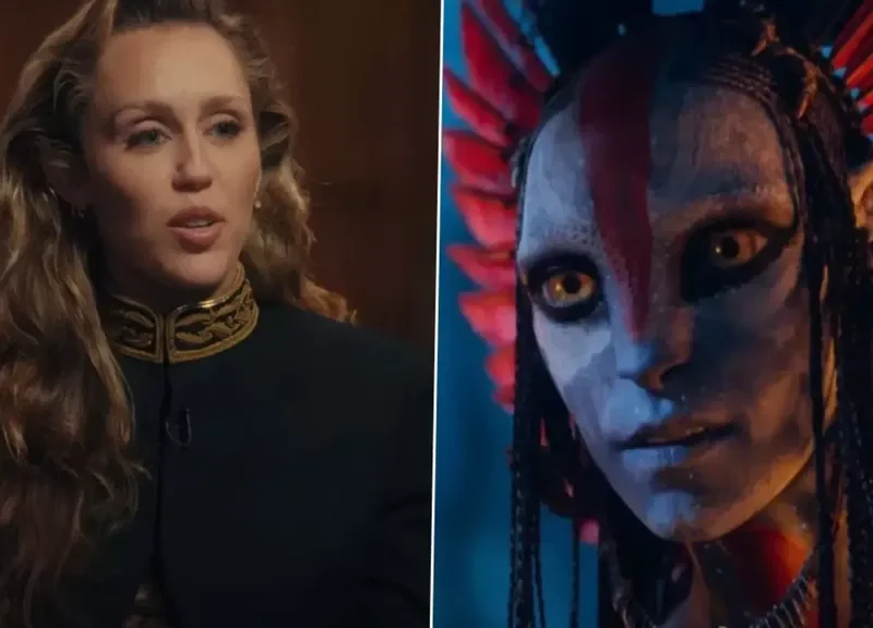 Une image partagée montre à gauche une femme aux cheveux ondulés et à la veste sombre, et à droite un personnage humanoïde à la peau bleue et aux rayures rouges, inspiré d'Avatar De Feu Et De Cendres, avec de grands yeux et des plumes sur la tête. Dream As One.