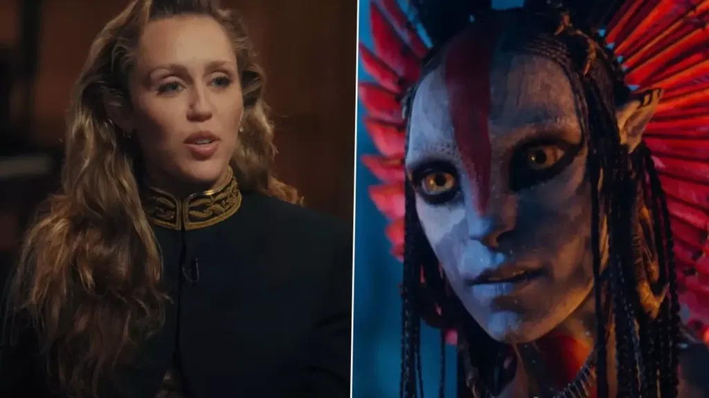 Miley Cyrus. Une image partagée montre à gauche une femme aux cheveux ondulés et à la veste sombre, et à droite un personnage humanoïde à la peau bleue et aux rayures rouges, inspiré d'Avatar De Feu Et De Cendres, avec de grands yeux et des plumes sur la tête. Dream As One.