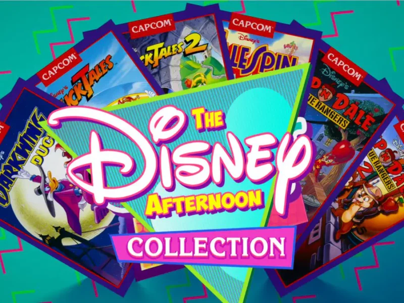 Boîte du jeu vidéo The Disney Afternoon Collection, présentant des classiques de la NES Capcom comme DuckTales et Chip'n Dale, avec des couvertures disposées en éventail. Un plaisir nostalgique pour les fans de la Nintendo Switch et les passionnés de Disney.