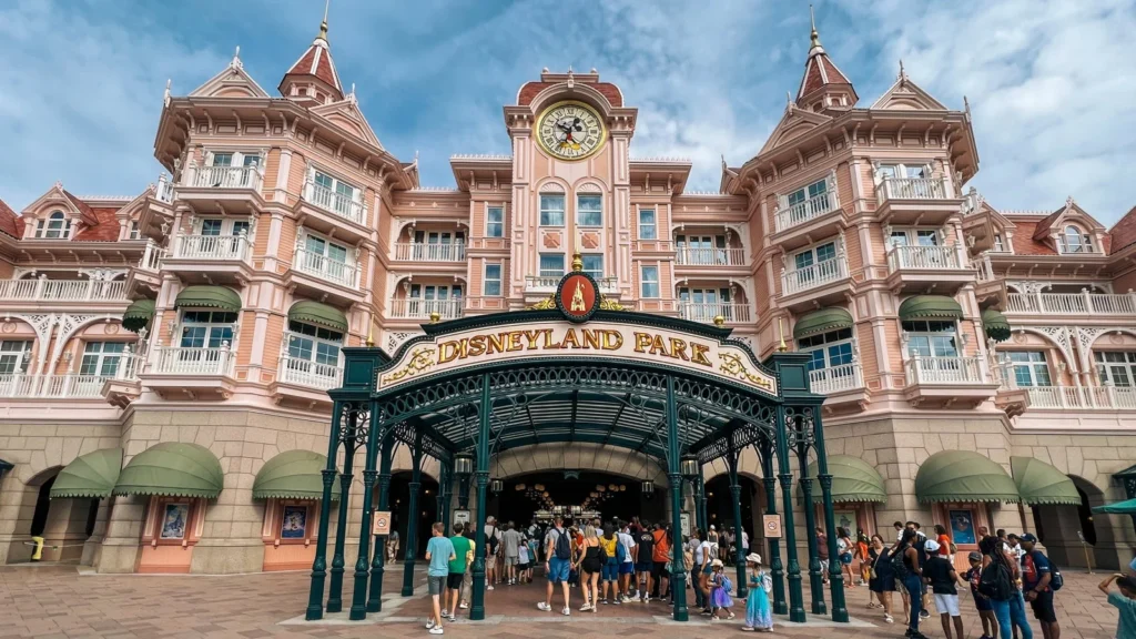 Des personnes se tiennent devant l'entrée ornée de Disneyland Paris, où un bâtiment rose avec une horloge et un panneau "Disneyland Park" accueille les visiteurs qui arrivent avec leur Disneyland Pass ou depuis les hôtels Disney des environs.