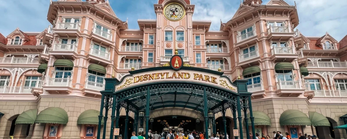 Des personnes se tiennent devant l'entrée ornée de Disneyland Paris, où un bâtiment rose avec une horloge et un panneau "Disneyland Park" accueille les visiteurs qui arrivent avec leur Disneyland Pass ou depuis les hôtels Disney des environs.