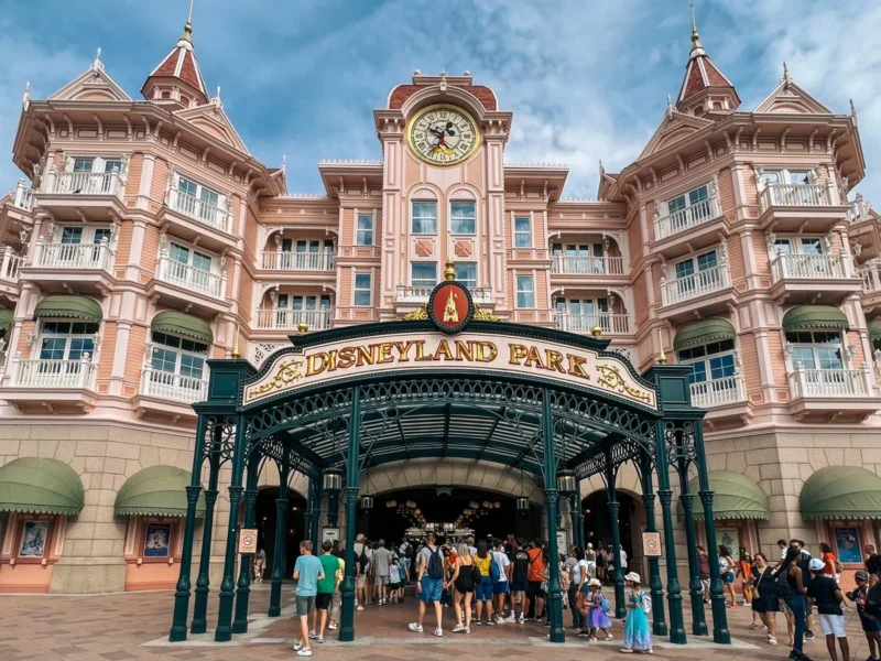 Des personnes se tiennent devant l'entrée ornée de Disneyland Paris, où un bâtiment rose avec une horloge et un panneau "Disneyland Park" accueille les visiteurs qui arrivent avec leur Disneyland Pass ou depuis les hôtels Disney des environs.