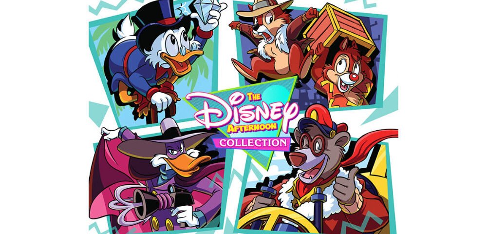 Illustration des personnages de la Disney Afternoon Collection, avec Scrooge McDuck, Chip, Dale, Darkwing Duck et Baloo dans des cadres colorés autour du logo - célébrant les jeux classiques NES maintenant disponibles sur Nintendo Switch.