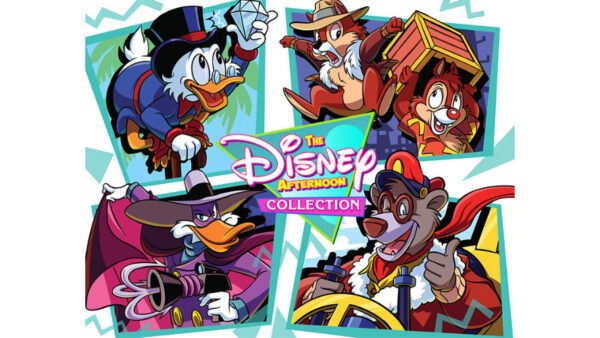 Illustration des personnages de la Disney Afternoon Collection, avec Scrooge McDuck, Chip, Dale, Darkwing Duck et Baloo dans des cadres colorés autour du logo - célébrant les jeux classiques NES maintenant disponibles sur Nintendo Switch.