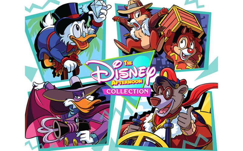 Illustration des personnages de la Disney Afternoon Collection, avec Scrooge McDuck, Chip, Dale, Darkwing Duck et Baloo dans des cadres colorés autour du logo - célébrant les jeux classiques NES maintenant disponibles sur Nintendo Switch.