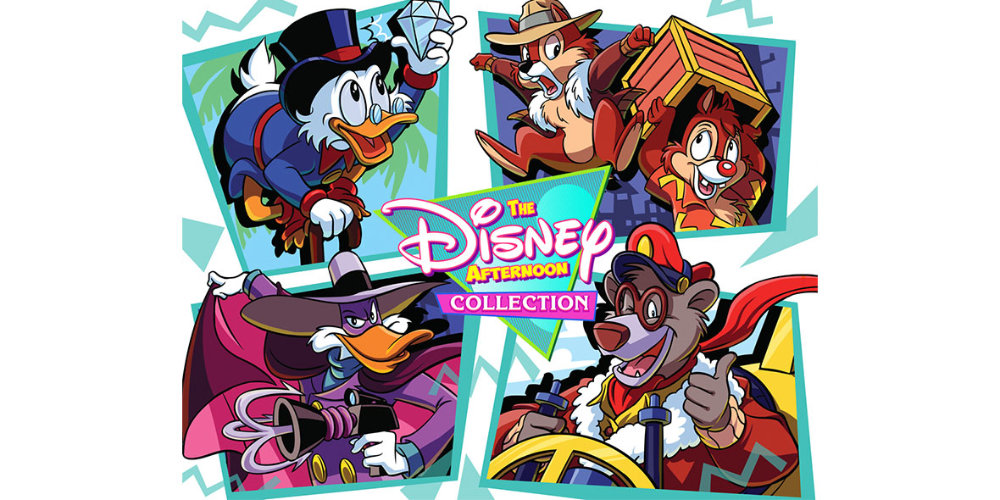 Illustration des personnages de la Disney Afternoon Collection, avec Scrooge McDuck, Chip, Dale, Darkwing Duck et Baloo dans des cadres colorés autour du logo - célébrant les jeux classiques NES maintenant disponibles sur Nintendo Switch.