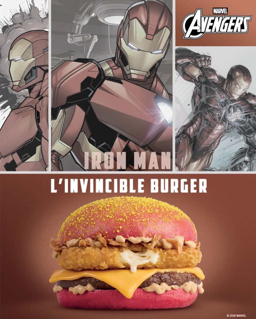 Collage d'un hamburger avec un personnage de bande dessinée, inspiré par Les Burgers Avengers édition limitée 2026.