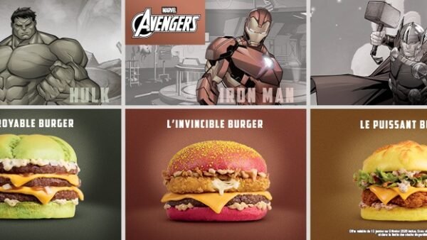 Trois Avengers - Hulk, Iron Man et Thor - sont associés à un burger Les Burgers Avengers Édition Limitée inspiré de leur personnage, présentés côte à côte pour une expérience exclusive en 2026.
