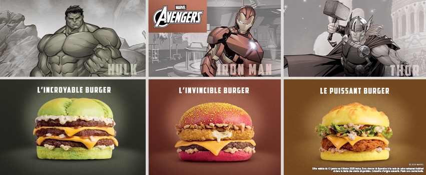 Trois Avengers - Hulk, Iron Man et Thor - sont associés à un burger Les Burgers Avengers Édition Limitée inspiré de leur personnage, présentés côte à côte pour une expérience exclusive en 2026.