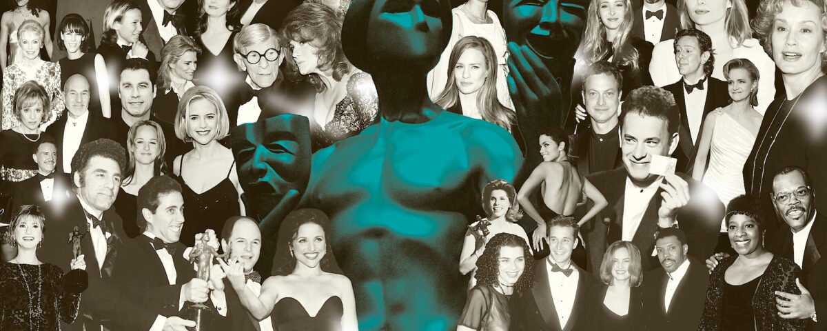 Collage d'acteurs et de célébrités en tenue de soirée au Disney Triomphe Aux Actors Awards 2026, avec au centre une grande statue de masque de théâtre turquoise et Martin Short de Only Murders In The Building.