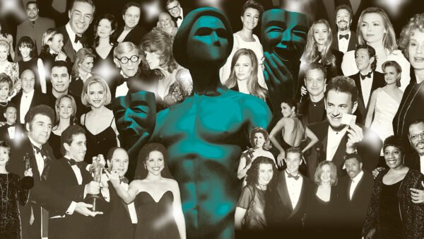 Collage d'acteurs et de célébrités en tenue de soirée au Disney Triomphe Aux Actors Awards 2026, avec au centre une grande statue de masque de théâtre turquoise et Martin Short de Only Murders In The Building.