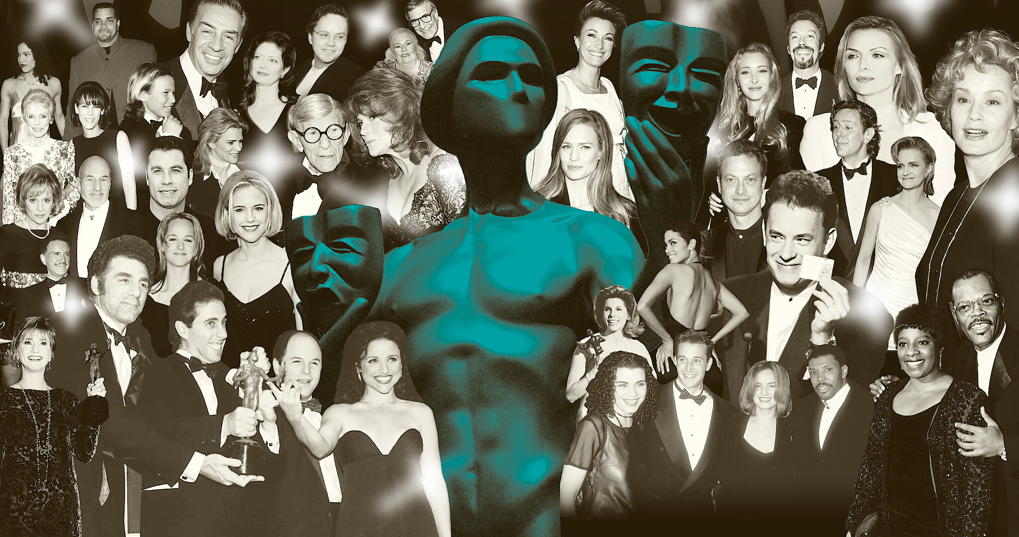 Collage d'acteurs et de célébrités en tenue de soirée au Disney Triomphe Aux Actors Awards 2026, avec au centre une grande statue de masque de théâtre turquoise et Martin Short de Only Murders In The Building.