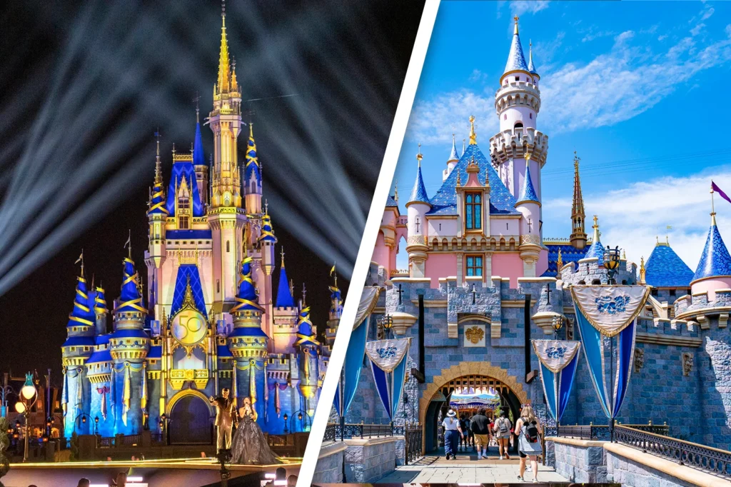 Image fractionnée montrant une comparaison des châteaux Disney : Le château de Cendrillon la nuit avec les lumières de la scène à Walt Disney World à gauche, et le château de la Belle au bois dormant le jour avec les visiteurs à Disneyland à droite.