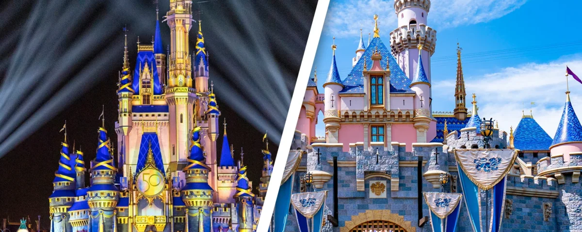 Image fractionnée montrant une comparaison des châteaux Disney : Le château de Cendrillon la nuit avec les lumières de la scène à Walt Disney World à gauche, et le château de la Belle au bois dormant le jour avec les visiteurs à Disneyland à droite.