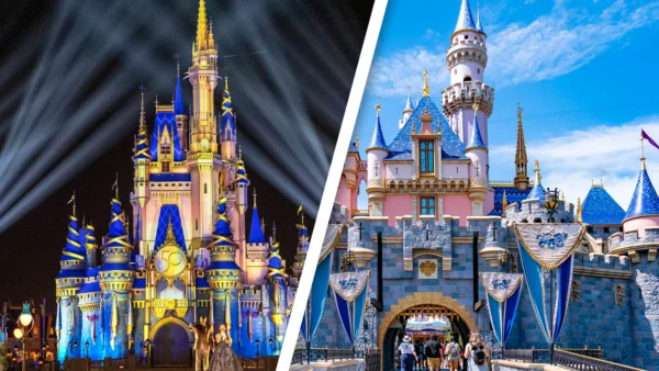 Image fractionnée montrant une comparaison des châteaux Disney : Le château de Cendrillon la nuit avec les lumières de la scène à Walt Disney World à gauche, et le château de la Belle au bois dormant le jour avec les visiteurs à Disneyland à droite.