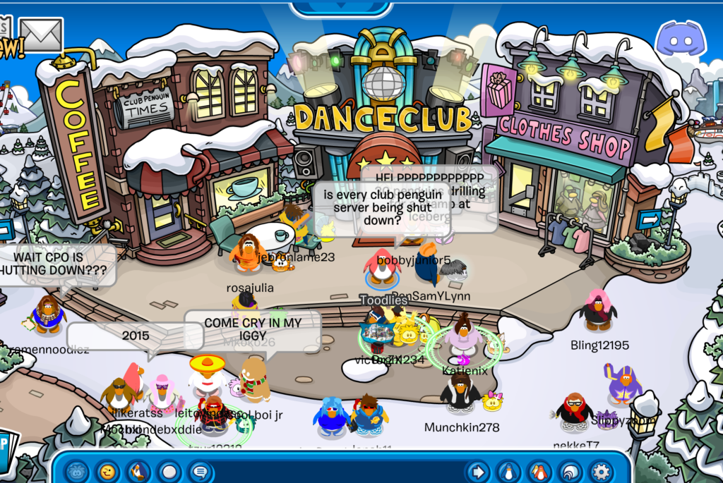 Capture d'écran d'un jeu vidéo, illustrant l'univers dynamique de Club Penguin, le célèbre classique de Disney encore apprécié aujourd'hui sur les serveurs privés.