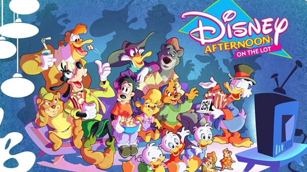 Un groupe de personnages de dessins animés Disney classiques sont assis ensemble devant la télévision avec des collations, sous un panneau indiquant "Disney Afternoon On The Lot", se remémorant les jeux NES et la collection Disney Afternoon sur Nintendo Switch.