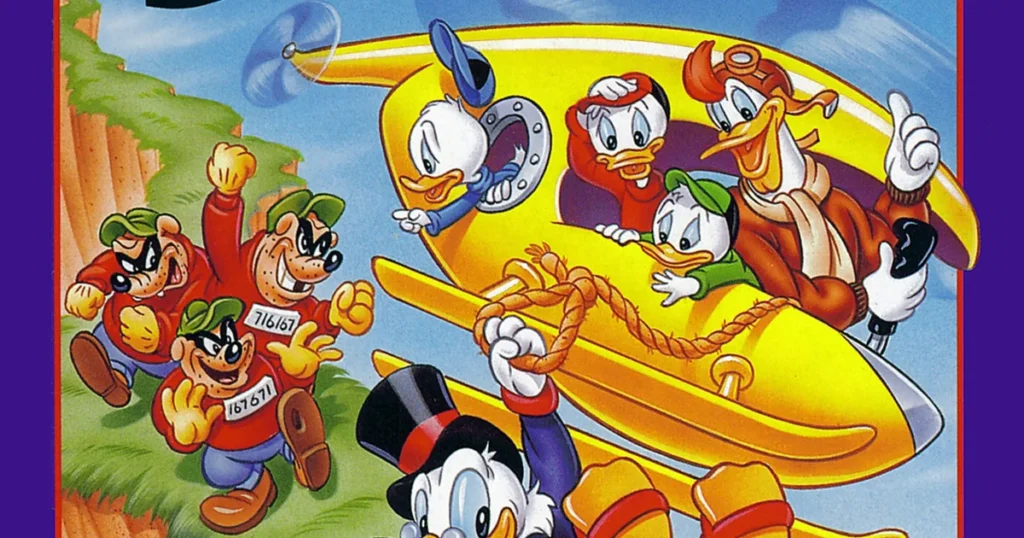 Un groupe de canards animés dans un hélicoptère jaune, inspiré de la Disney Afternoon Collection, lance une corde à un canard coiffé d'un chapeau haut de forme, tandis que trois personnages masqués se tiennent au sol.