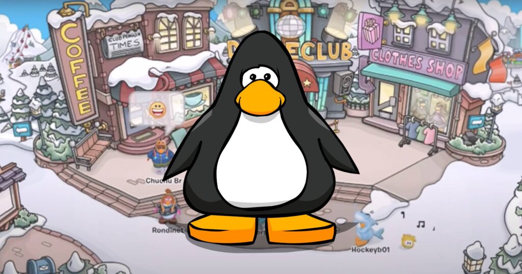 Un grand pingouin de dessin animé se tient au centre d'une place enneigée, avec des boutiques et des clubs en arrière-plan. Il capture la magie du Club Penguin de Disney et de son monde vibrant, aujourd'hui ravivé sur les serveurs privés.