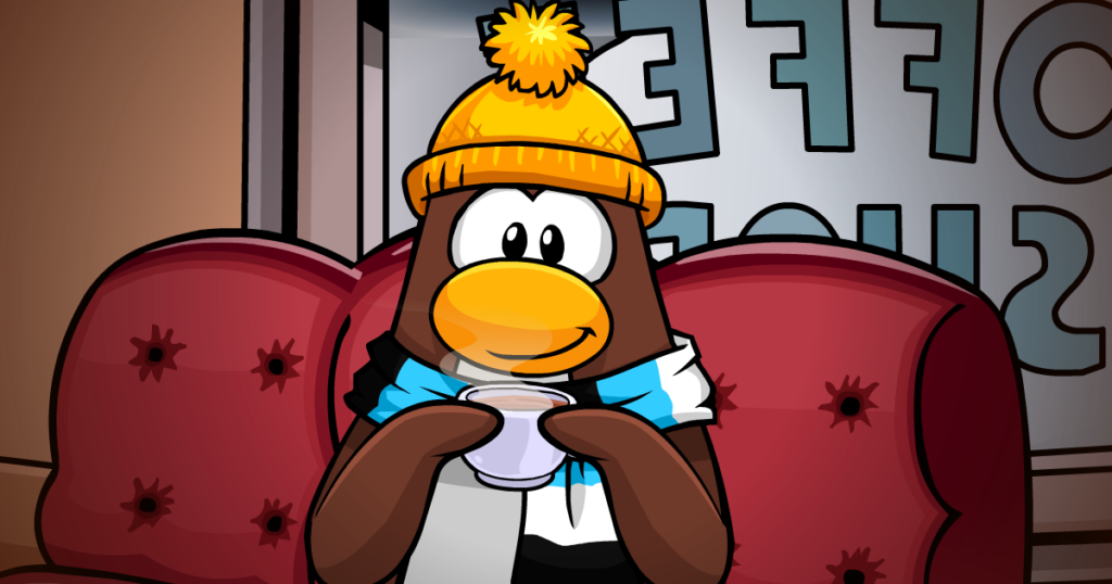 Un pingouin du Club Penguin, coiffé d'un chapeau jaune et d'une écharpe bleue, est assis sur un canapé rouge et tient une tasse fumante. Une fenêtre affichant des lettres inversées se trouve à l'arrière-plan, clin d'œil ludique au monde bien-aimé de Disney et à ses serveurs privés.