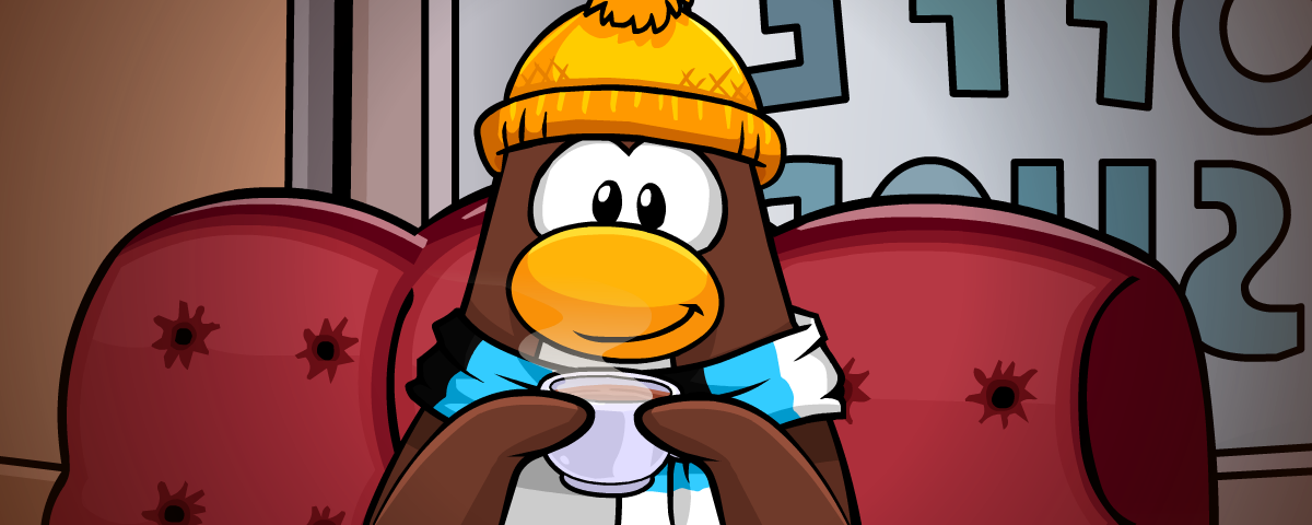 Un pingouin du Club Penguin, coiffé d'un chapeau jaune et d'une écharpe bleue, est assis sur un canapé rouge et tient une tasse fumante. Une fenêtre affichant des lettres inversées se trouve à l'arrière-plan, clin d'œil ludique au monde bien-aimé de Disney et à ses serveurs privés.