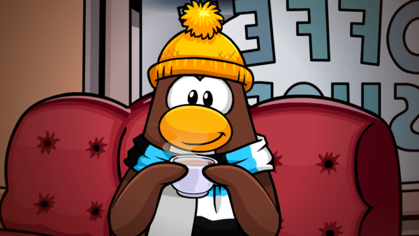 Un pingouin du Club Penguin, coiffé d'un chapeau jaune et d'une écharpe bleue, est assis sur un canapé rouge et tient une tasse fumante. Une fenêtre affichant des lettres inversées se trouve à l'arrière-plan, clin d'œil ludique au monde bien-aimé de Disney et à ses serveurs privés.