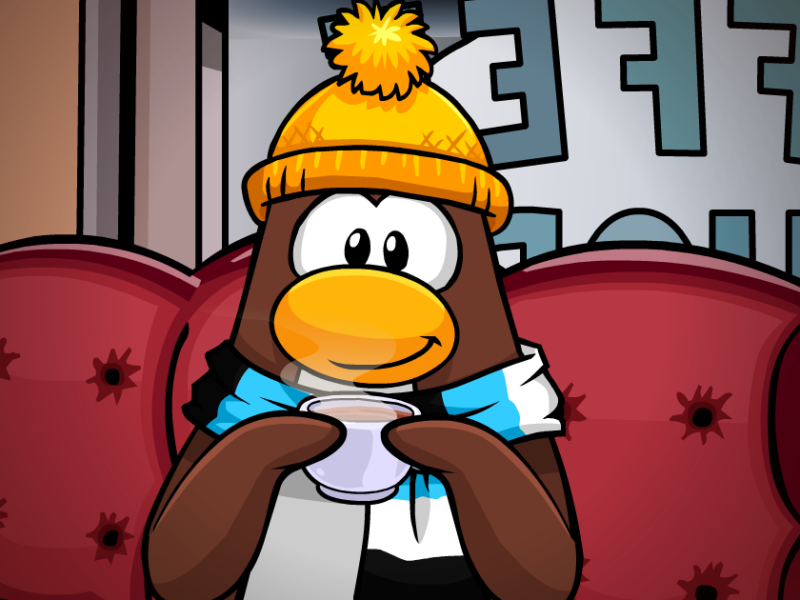 Un pingouin du Club Penguin, coiffé d'un chapeau jaune et d'une écharpe bleue, est assis sur un canapé rouge et tient une tasse fumante. Une fenêtre affichant des lettres inversées se trouve à l'arrière-plan, clin d'œil ludique au monde bien-aimé de Disney et à ses serveurs privés.