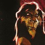 Illustration d'un lion à la crinière sombre et à l'expression intense, sur un fond rouge et noir à l'éclairage dramatique, évoquant le style d'un Vilain de Disney - parfait pour les amateurs des Éditions Collector ou de Panini Comics.