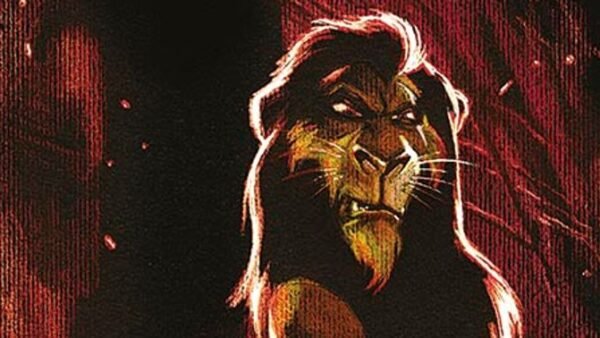 Illustration d'un lion à la crinière sombre et à l'expression intense, sur un fond rouge et noir à l'éclairage dramatique, évoquant le style d'un Vilain de Disney - parfait pour les amateurs des Éditions Collector ou de Panini Comics.