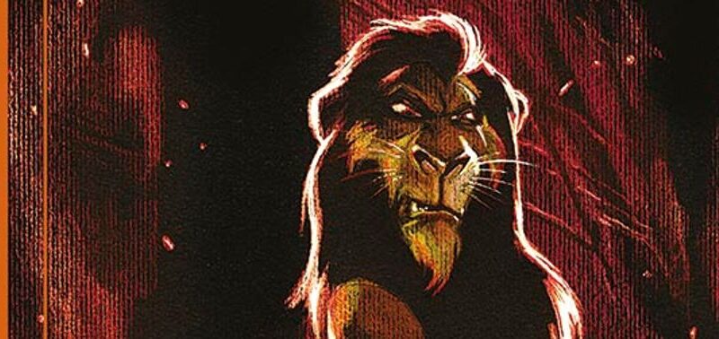 Illustration d'un lion à la crinière sombre et à l'expression intense, sur un fond rouge et noir à l'éclairage dramatique, évoquant le style d'un Vilain de Disney - parfait pour les amateurs des Éditions Collector ou de Panini Comics.