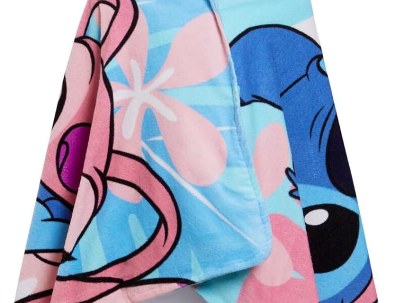 Disney Serviette Poncho à Capuche Stitch Angel 100% Coton Serviette de Plage Enfant Serviette de Bain Cape de Natation Robe de Changement pour Enfants