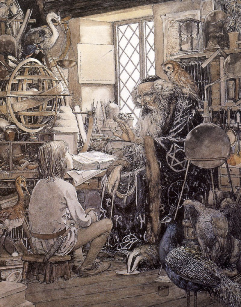 Un jeune garçon assis sur un tabouret lit Merlin L'Enchanteur à un homme âgé dans une pièce encombrée de livres, d'animaux, d'instruments scientifiques et d'une fenêtre laissant entrer la lumière du jour - évoquant la magie de sa sortie le 25 décembre 1963.